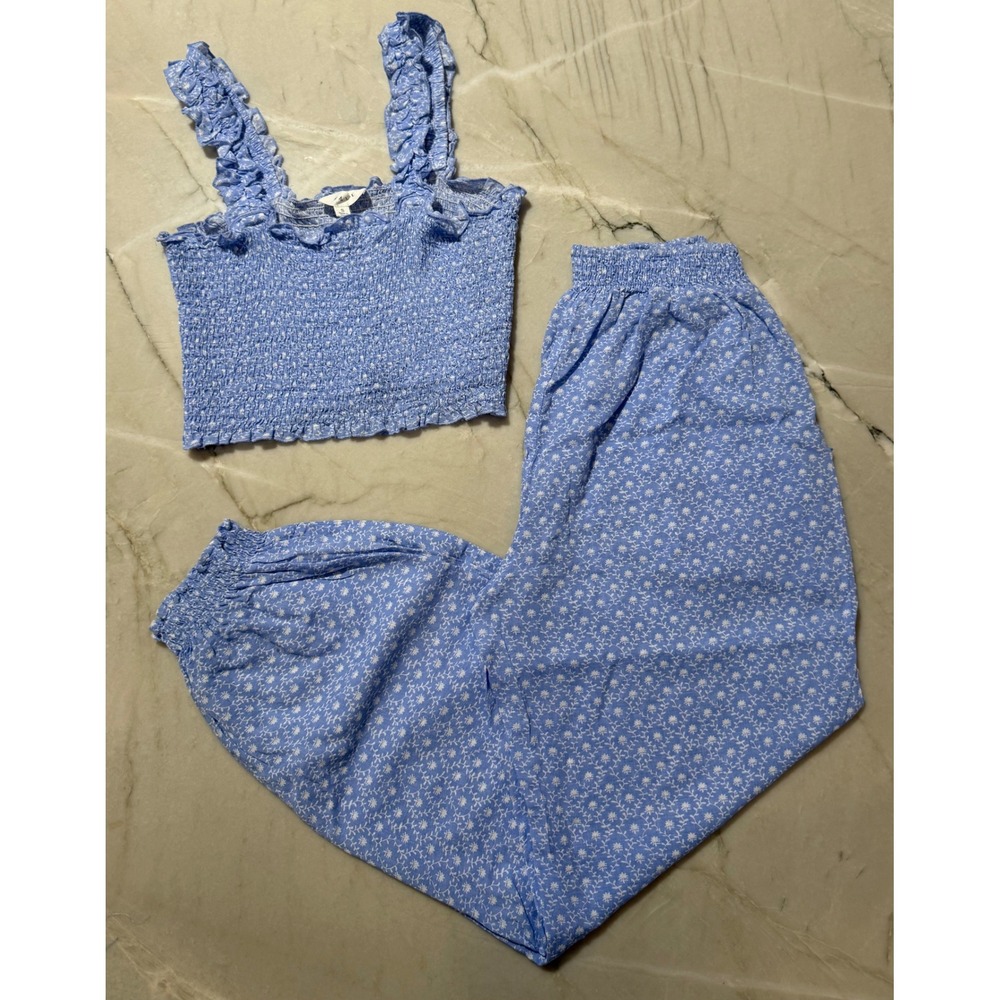 Anthropologie Mable Blue Floral Smocked Crop Top Jogger Pajama Set Womens Size S